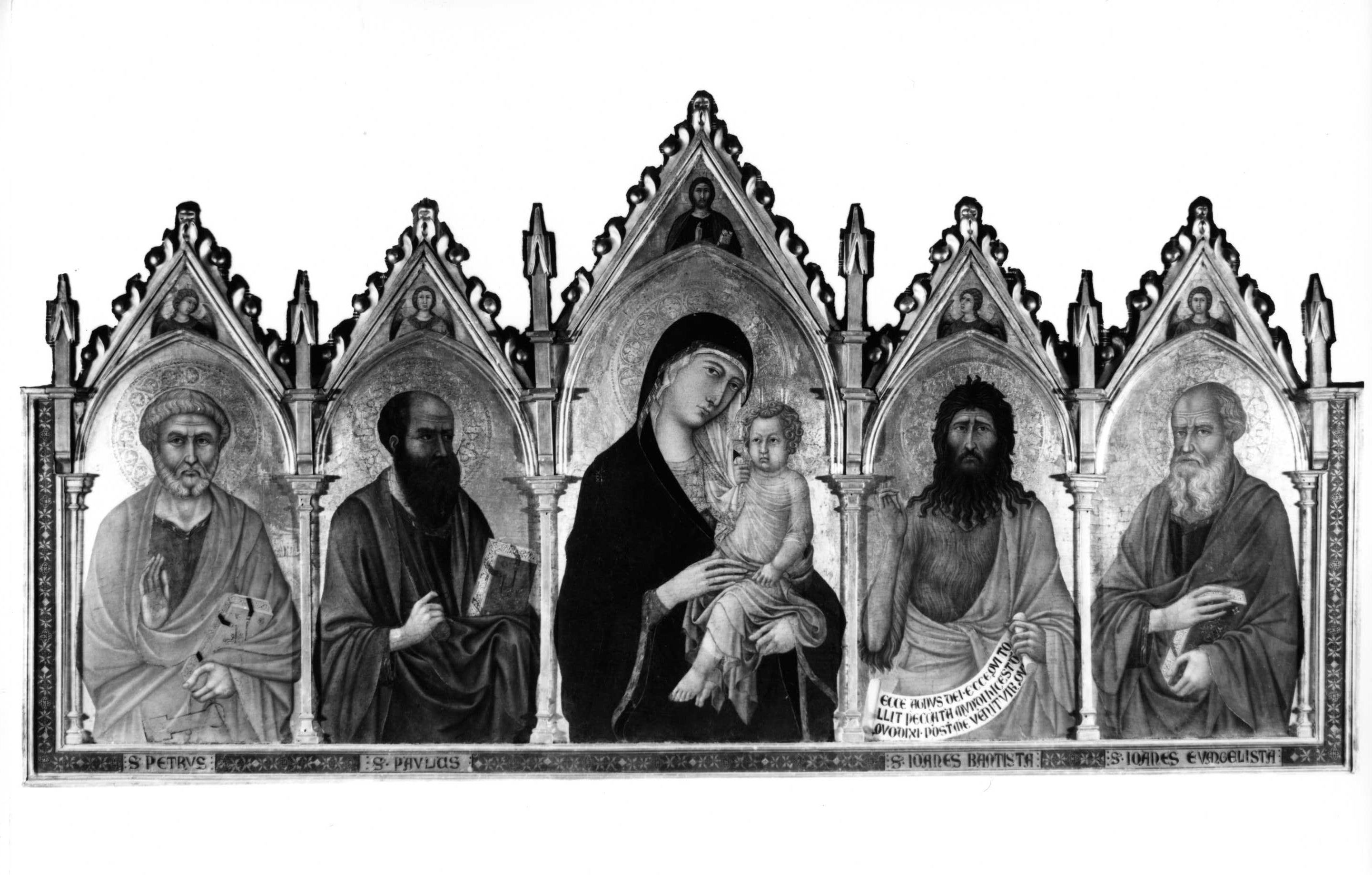 Madonna col Bambino, Santi Pietro, Paolo, Giovanni Battista, Giovanni Evangelista, Eterno Benedicente e angeli (polittico, opera isolata) di Ugolino di Nerio (attribuito) (secondo quarto XIV)