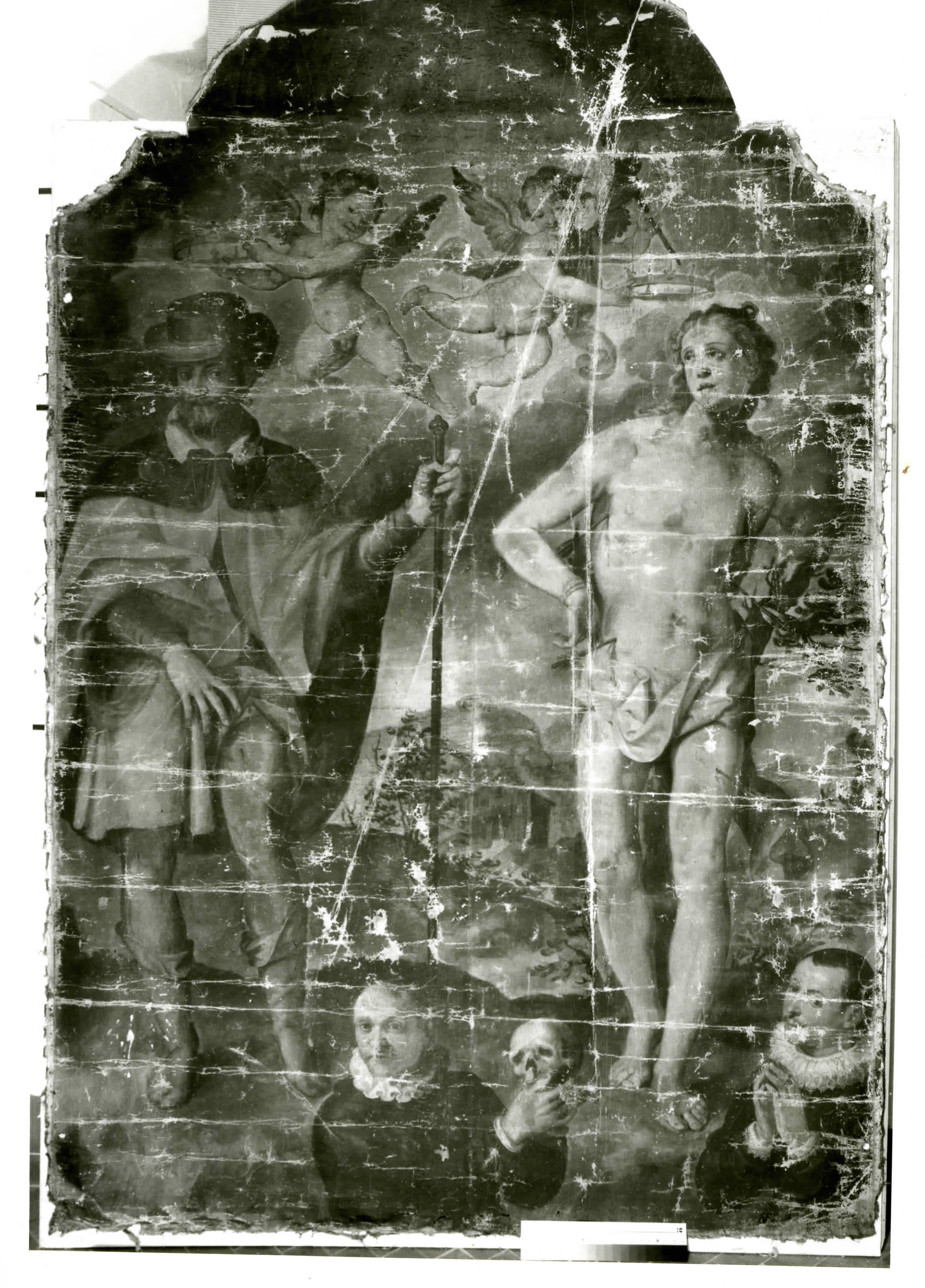 I Santi Rocco e Sebastiano e due donatori confratelli della Compagnia della Morte (dipinto, opera isolata) di Cungi Giovan Battista (XVI)