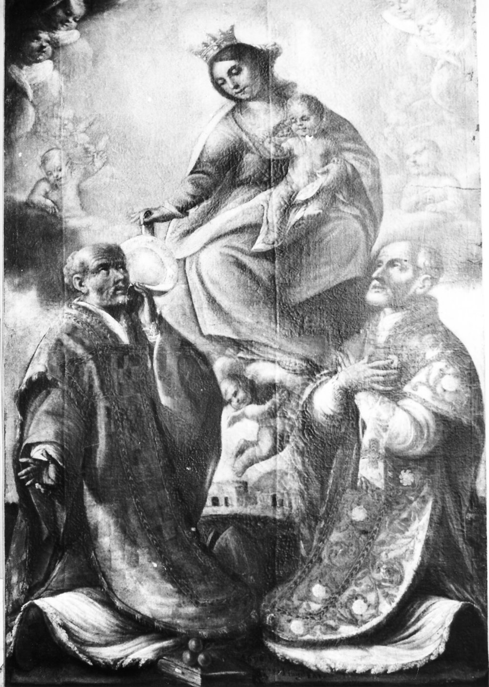 Madonna con Bambino, San Nicola di Bari e Santo (dipinto) di Brunetti Benedetto (attribuito) (fine sec. XVII)