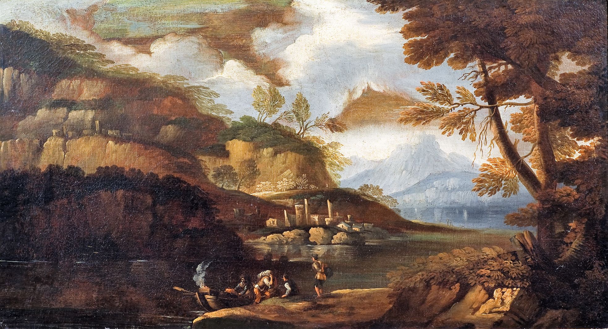 Paesaggio fluviale con imbarcazione (dipinto, opera isolata) di Rosa Salvator (cerchia) - ambito Italia centro-meridionale (ultimo quarto XVII)