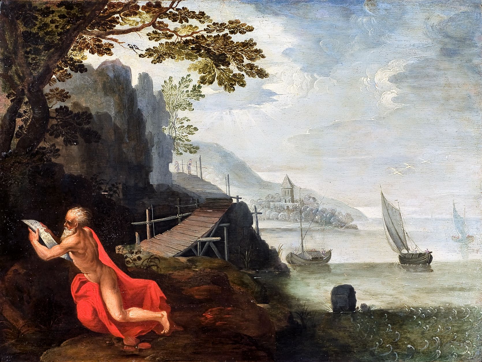 Paesaggio marino con san Girolamo in lettura (dipinto, opera isolata) di Bril Paul (cerchia) - ambito fiammingo (seconda metà XVII)