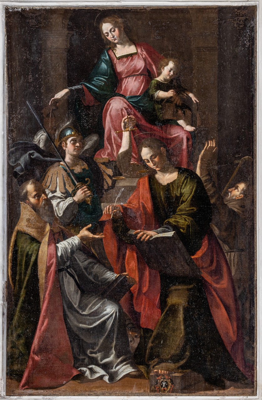 Madonna con Bambino in trono con Sant'Agostino, San Michele Arcangelo, San Giovanni Evangelista e Santo francescano (dipinto, opera isolata) di Polinori Andrea (primo quarto XVII)