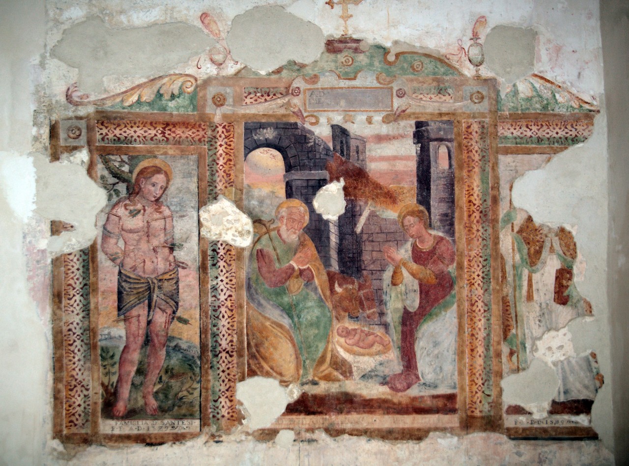 Natività di Gesù, San Sebastiano, Santo vescovo (dipinto, opera isolata) di Sensini Pietro Paolo (attribuito) (XVI)