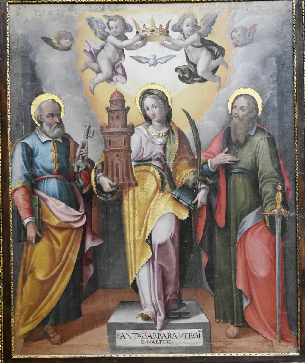 Santa Barbara, San Pietro e San Paolo con angeli reggicorona e colomba dello Spirito Santo (dipinto, elemento d'insieme) di Sensini Pietro Paolo (attribuito) (XVII)