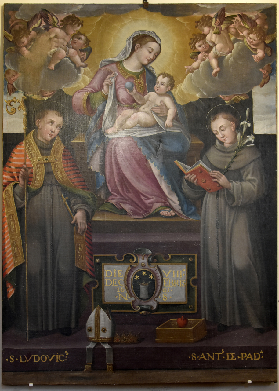 Madonna con Bambino e angeli tra San Ludovico di Tolosa e Sant'Antonio da Padova (dipinto, elemento d'insieme) di Sensini Pietro Paolo (attribuito) (XVII)