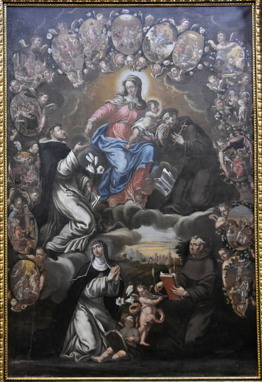 Madonna del rosario con Santi domenicani, Santi francescani e misteri del rosario (dipinto, elemento d'insieme) di Providoni Francesco (attribuito) (XVII)