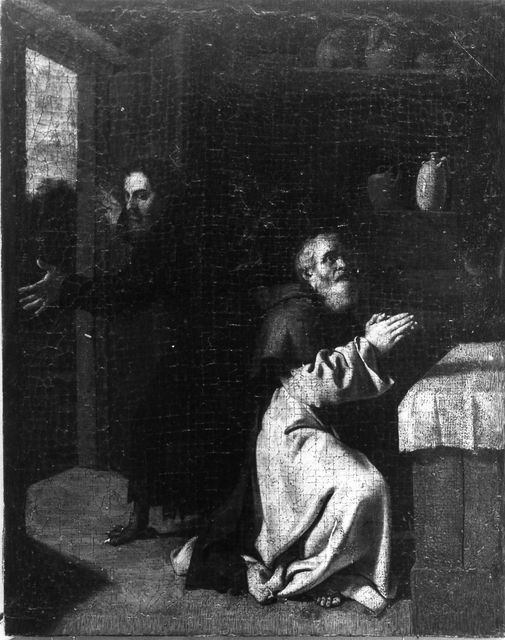 Sant'Antonio Abate nel deserto riceve la visita del demonio in veste di monaco (dipinto, elemento d'insieme) di Guarino Francesco (attribuito) (secondo quarto sec. XVII)