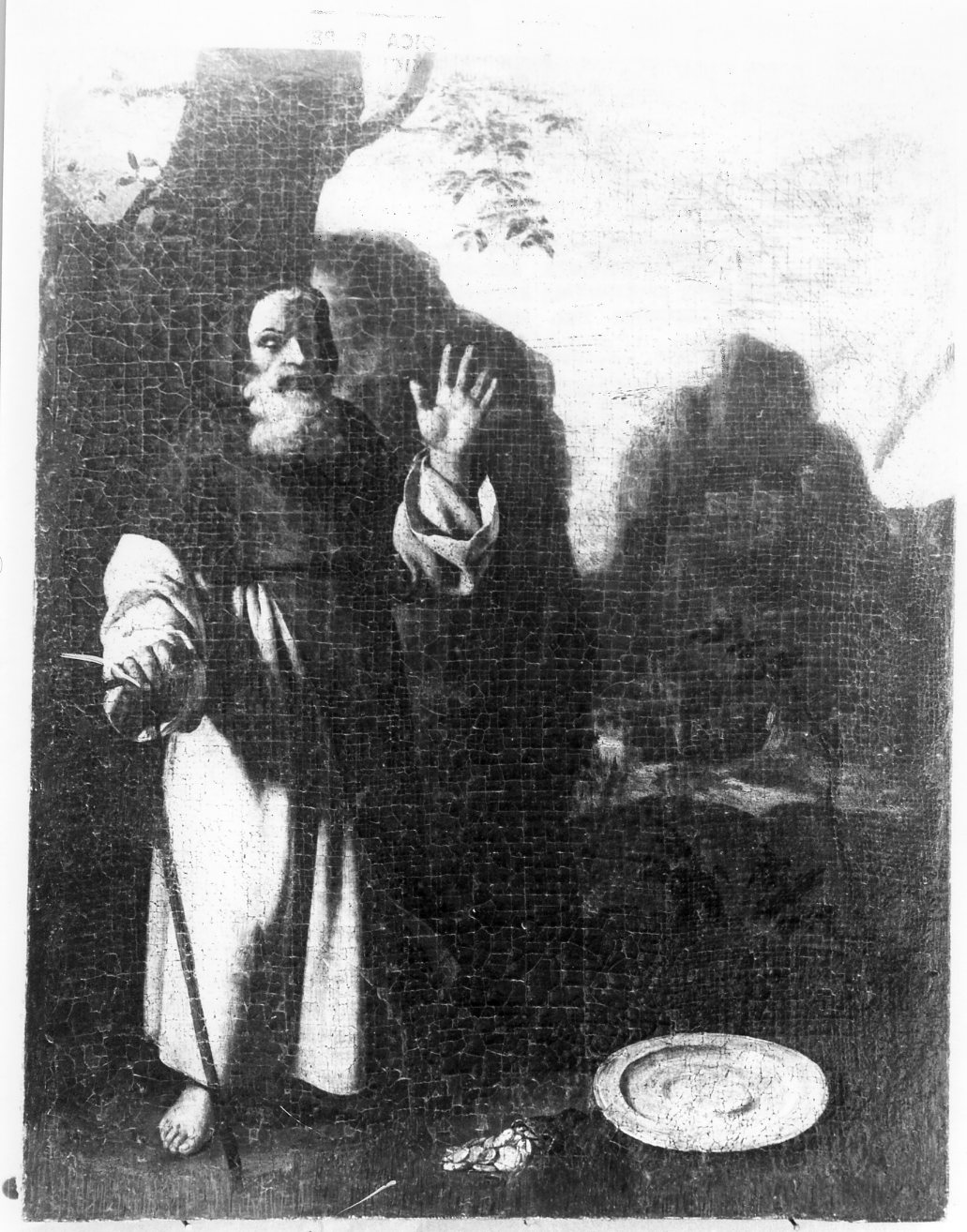 Sant'Antonio tentato all'avidità da un catino d'argento colmo di monete (dipinto, elemento d'insieme) di Guarino Francesco (attribuito) (secondo quarto sec. XVII)