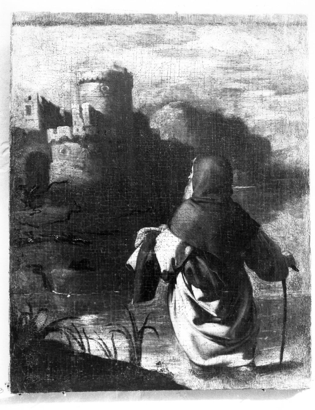 Sant'Antonio allontana i serpenti che popolavano il castello abbandonato dove si era ritirato in eremitaggio (dipinto, elemento d'insieme) di Guarino Francesco (attribuito) (secondo quarto sec. XVII)