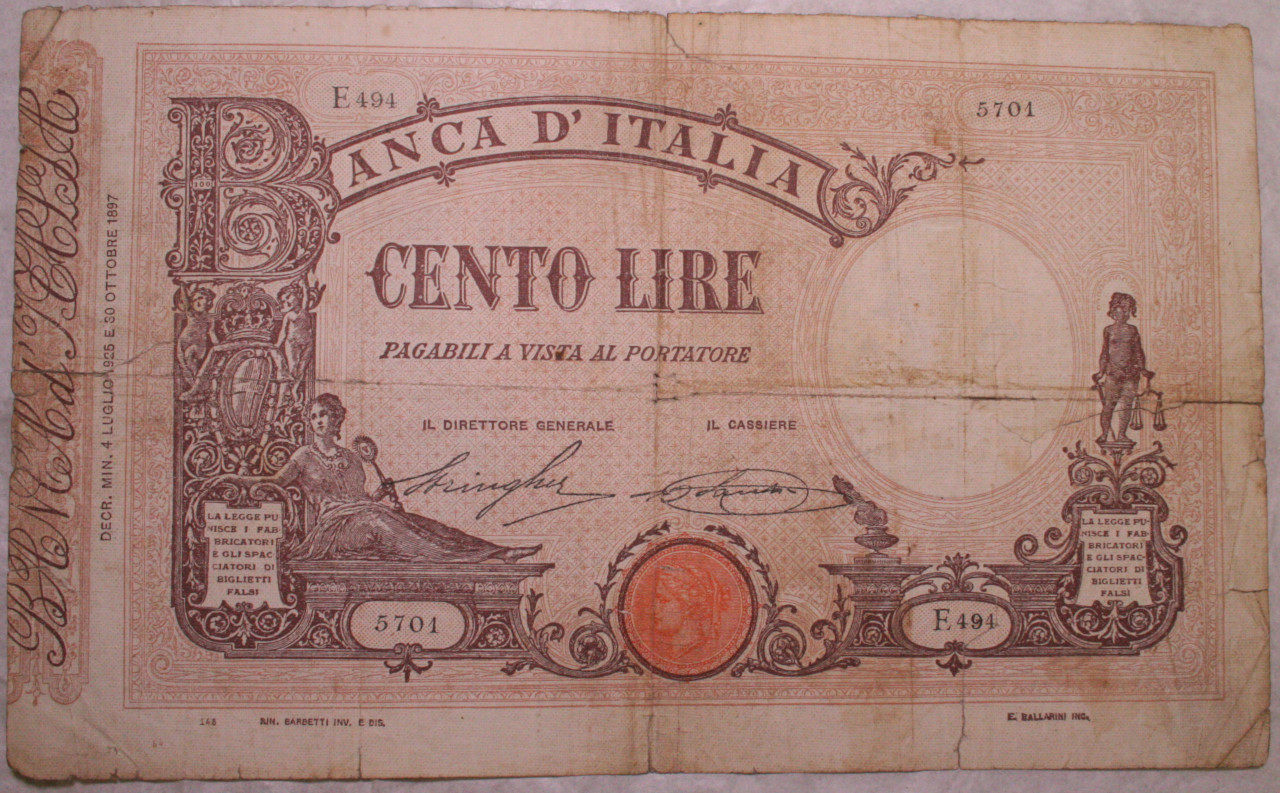 banconota - 100 Lire di Rinaldo Barbetti, E. Ballarini (SECOLI/ XX)