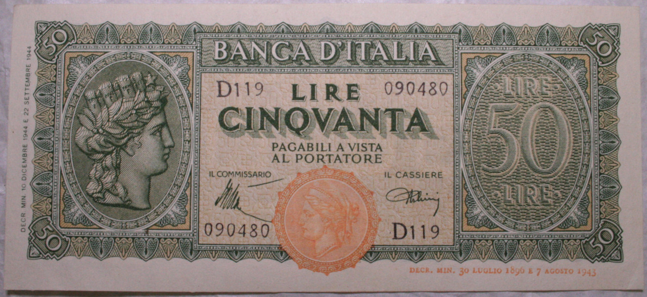 banconota - 50 lire - Ambito italiano (SECOLI/ XX)