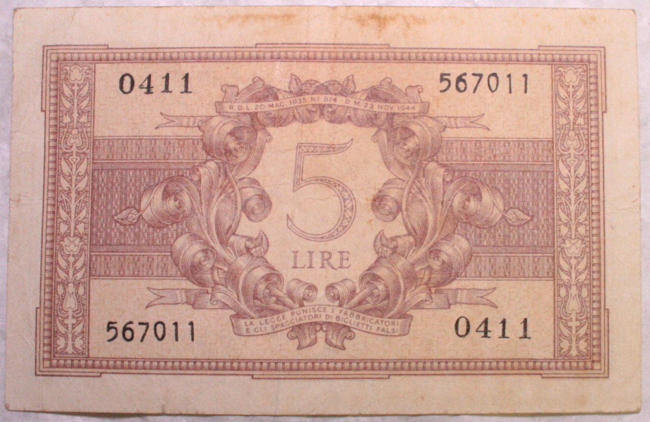 banconota - 5 Lire di Renato Garrasi, Istituto poligrafico dello Stato (SECOLI/ XX)