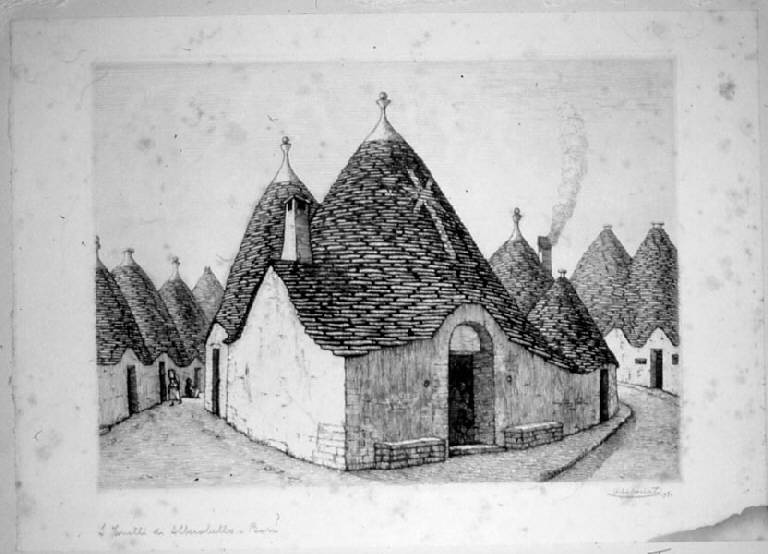 Veduta di Alberobello (Bari): trulli (stampa, elemento d'insieme) di Carbonati Antonio, Carbonati Antonio, Carbonati Antonio (sec. XX)