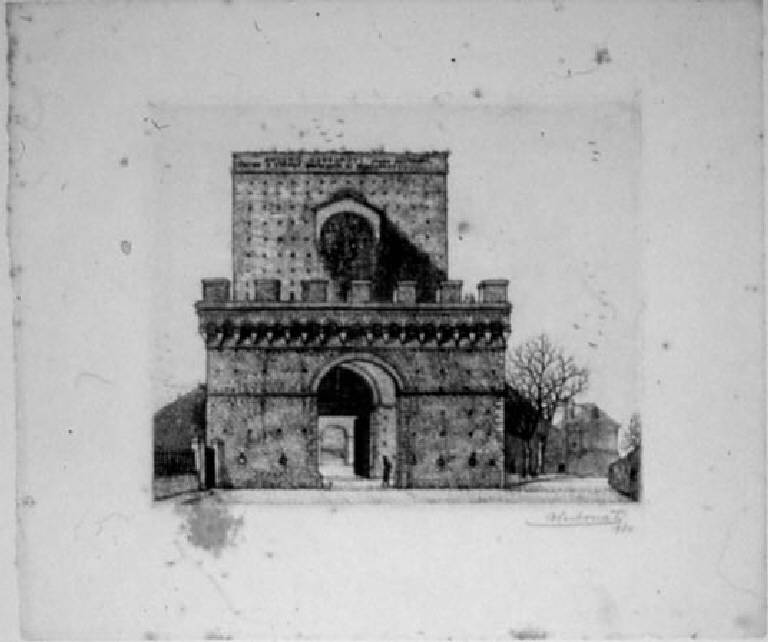 Veduta di Siena: Porta Pispini (stampa, elemento d'insieme) di Carbonati Antonio, Carbonati Antonio, Carbonati Antonio (sec. XX)