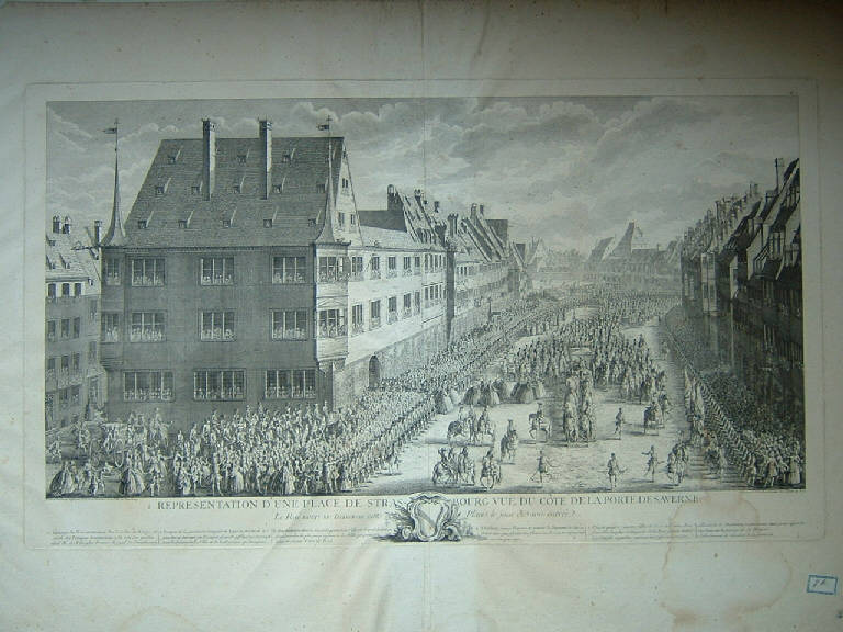 Représentation des Fêtes données par la Ville de Strasbourg pour la convalescence du Roi, à l'arrivée et pendant le séjour de Sa Majesté en cette ville. Inventé, dessiné et dirigé par J.M. Weis, graveur de la ville de Strasbourg (stampa) di Le Bas Jacques Philippe, Weis Johann Martin, Weis Johann Martin (sec. XVIII)