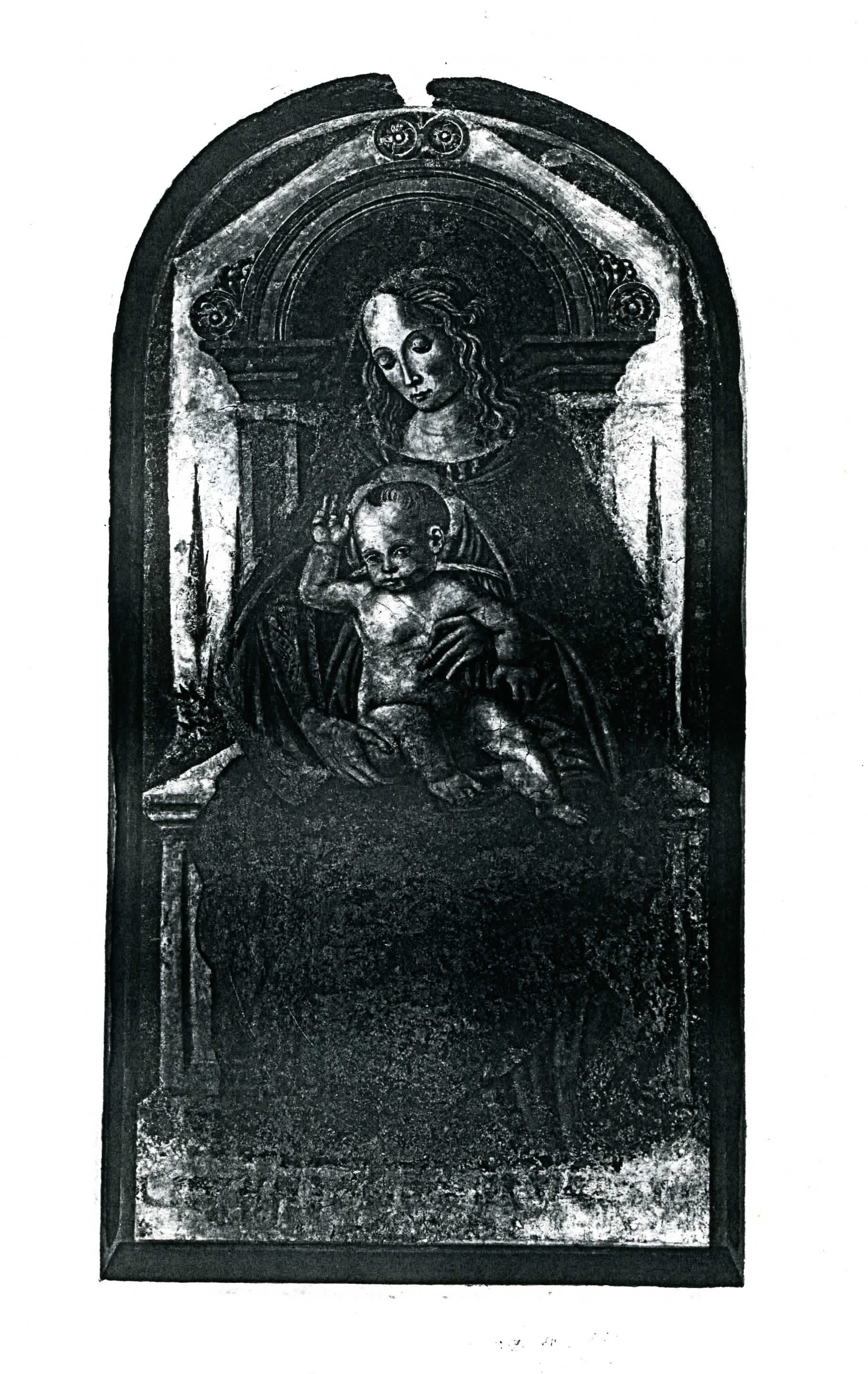 Madonna con Bambino (dipinto - murale, frammento) di Gerino da Pistoia (maniera) (XV)