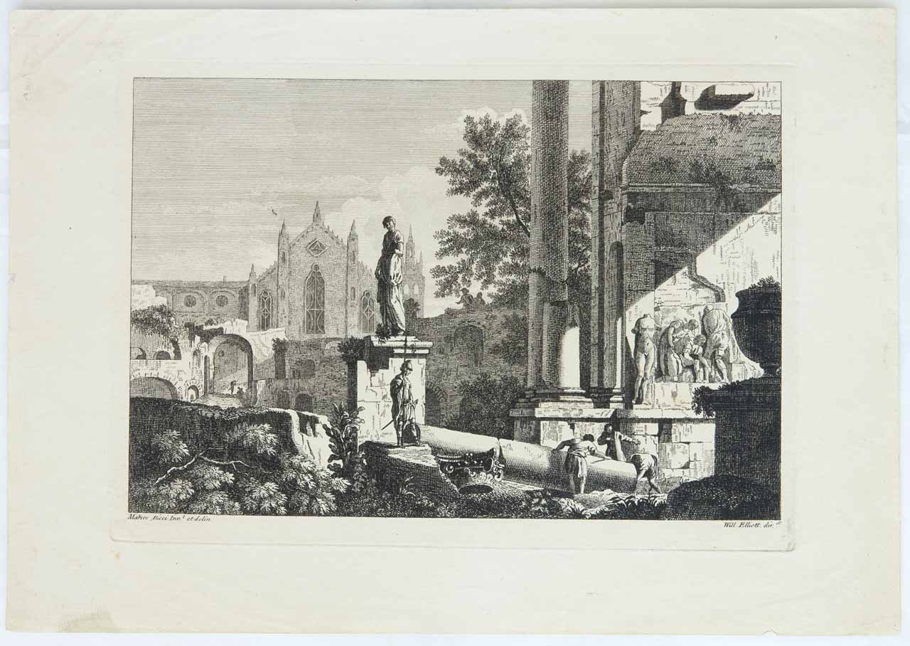 Capriccio con rovine e chiesa gotica (stampa) di Elliott William (attribuito), Ricci Marco - ambito inglese (sec. XVIII)