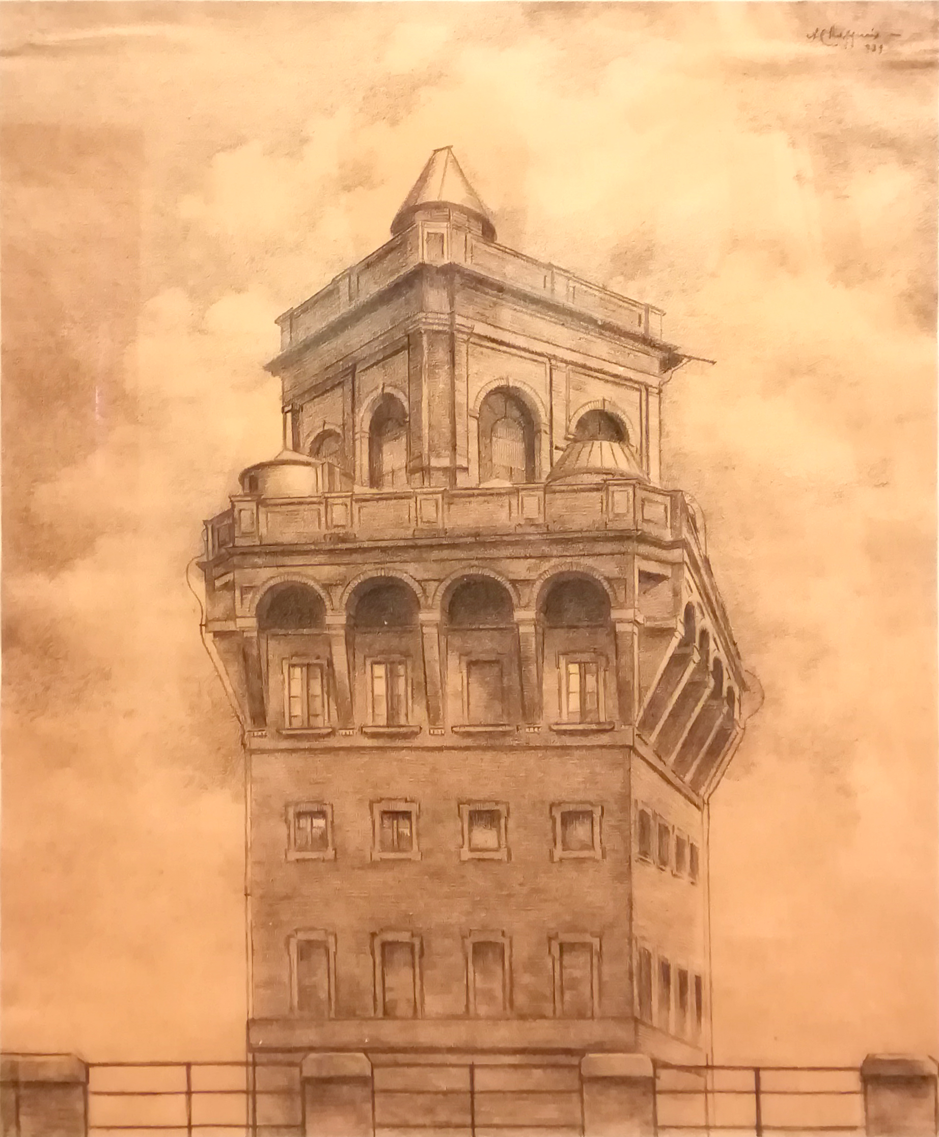 La torretta della Specola di Bologna (disegno, opera isolata) di Chappuis Alberto (secondo quarto XX)