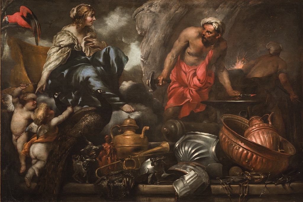 Aria e Fuoco, Giunone nella fucina di Vulcano (dipinto, pendant) di Castiglione, Giovanni Benedetto (detto il Grechetto) (sec. XVII)