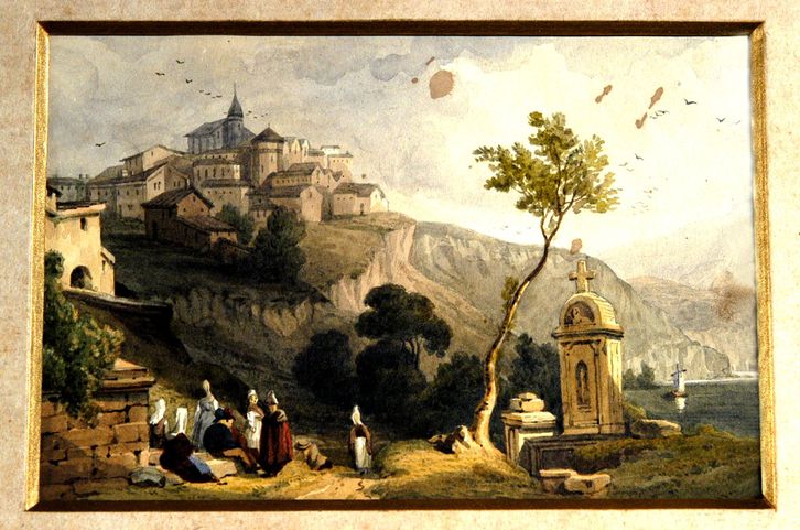 Paesaggio campano, paesaggio con figure (disegno) di Carelli Consalvo (attribuito) (XX)