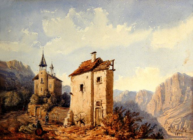 Paesaggio alpino, paesaggio (disegno) di Vianelli Achille (ultimo quarto XIX)