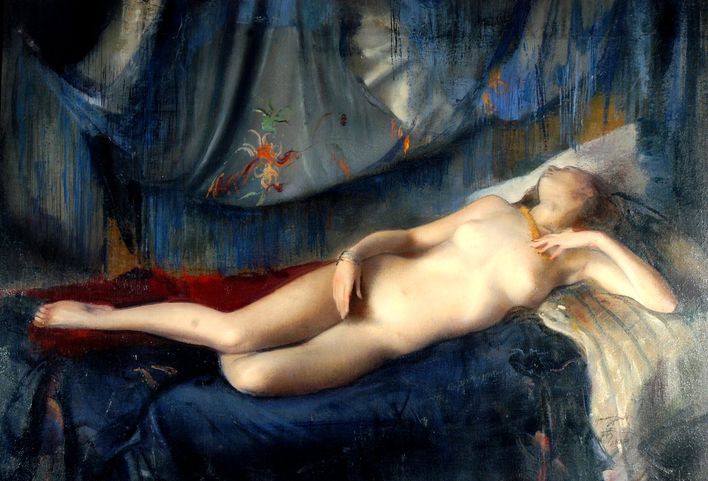 Nudo femminile disteso, figura femminile nuda (dipinto) di Romano Stefanelli (terzo quarto XX)