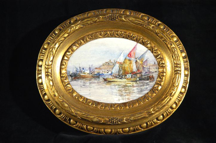 Veduta del porto di Ancona, marina con pescatori e barche (dipinto) di Fabretti Remo (XX)