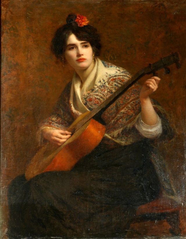 Suonatrice di chitarra, figura femminile (dipinto) di Esposito Gaetano (inizio XX)