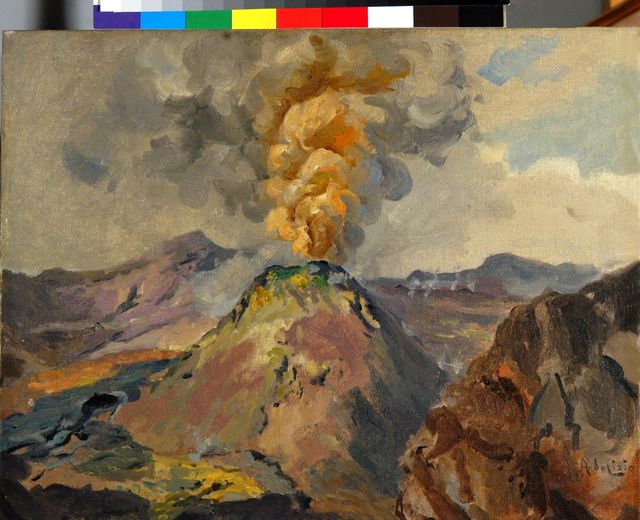 Cratere con Vesuvio, paesaggio (dipinto) di de Lisio Arnaldo (sec. XX)