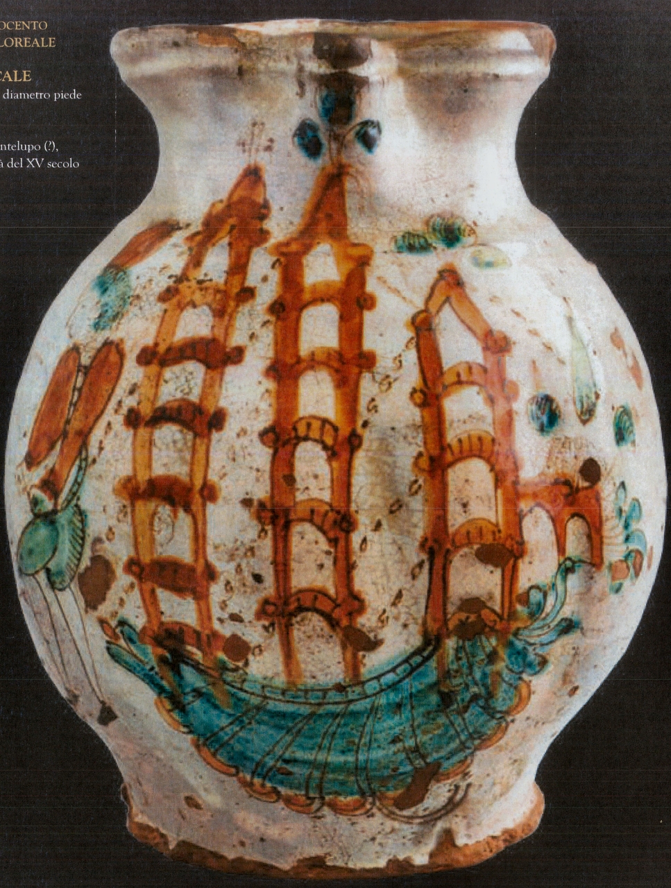 veliero e nocchiero con motivi decorativi geometrici e vegetali (boccale, opera isolata) - bottega di Montelupo (seconda metà XV)