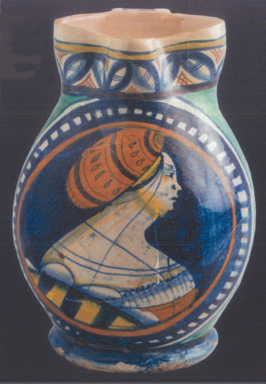 busto femminile con motivi decorativi geometrici e vegetali (boccale, opera isolata) - ambito faentino (inizio XVI)