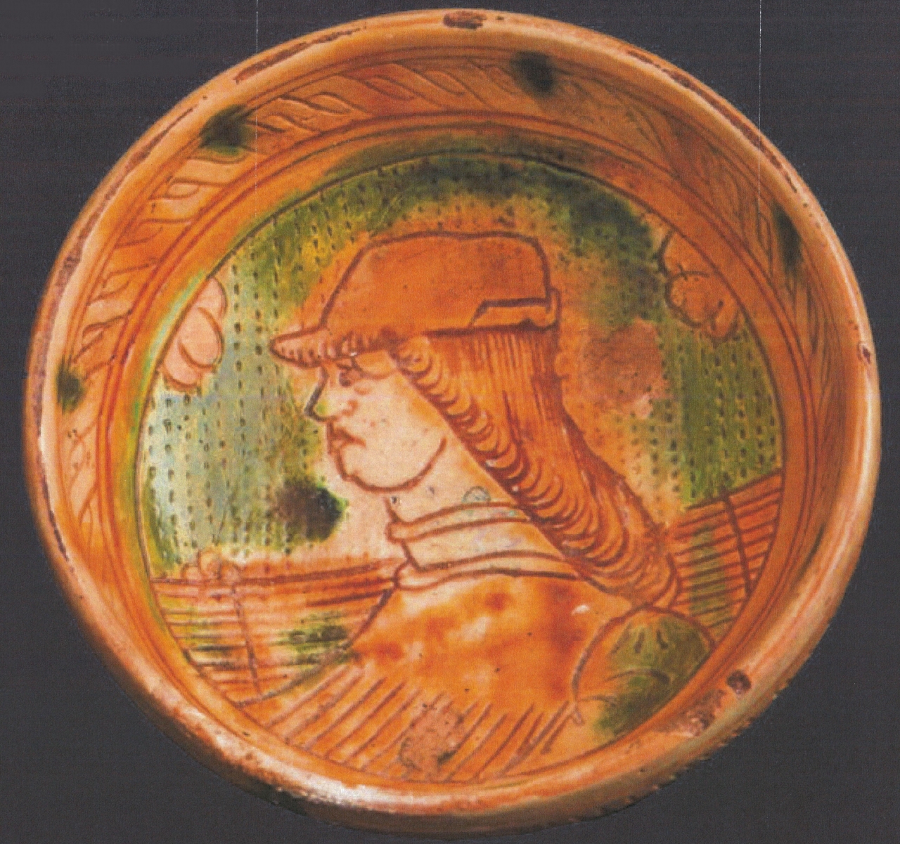 busto maschile con motivi decorativi geometrici e vegetali (ciotola, opera isolata) - ambito ferrarese (ultimo quarto XV)