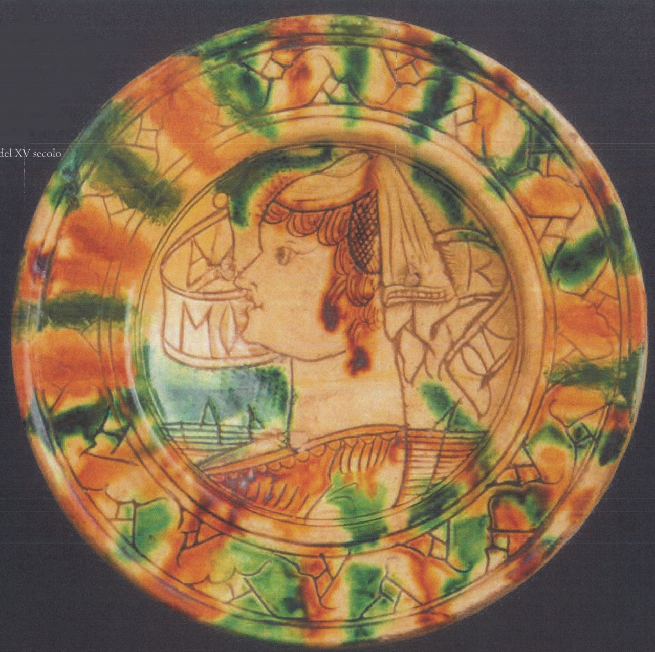 busto femminile con motivi decorativi geometrici e vegetali (piatto, opera isolata) - ambito ferrarese (ultimo quarto XV)