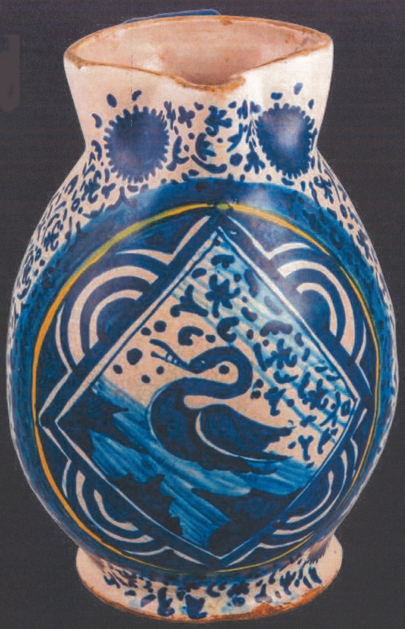 cigno con paesaggio e motivi decorativi geometrici e vegetali (boccale, opera isolata) - ambito faentino (prima metà XVI)