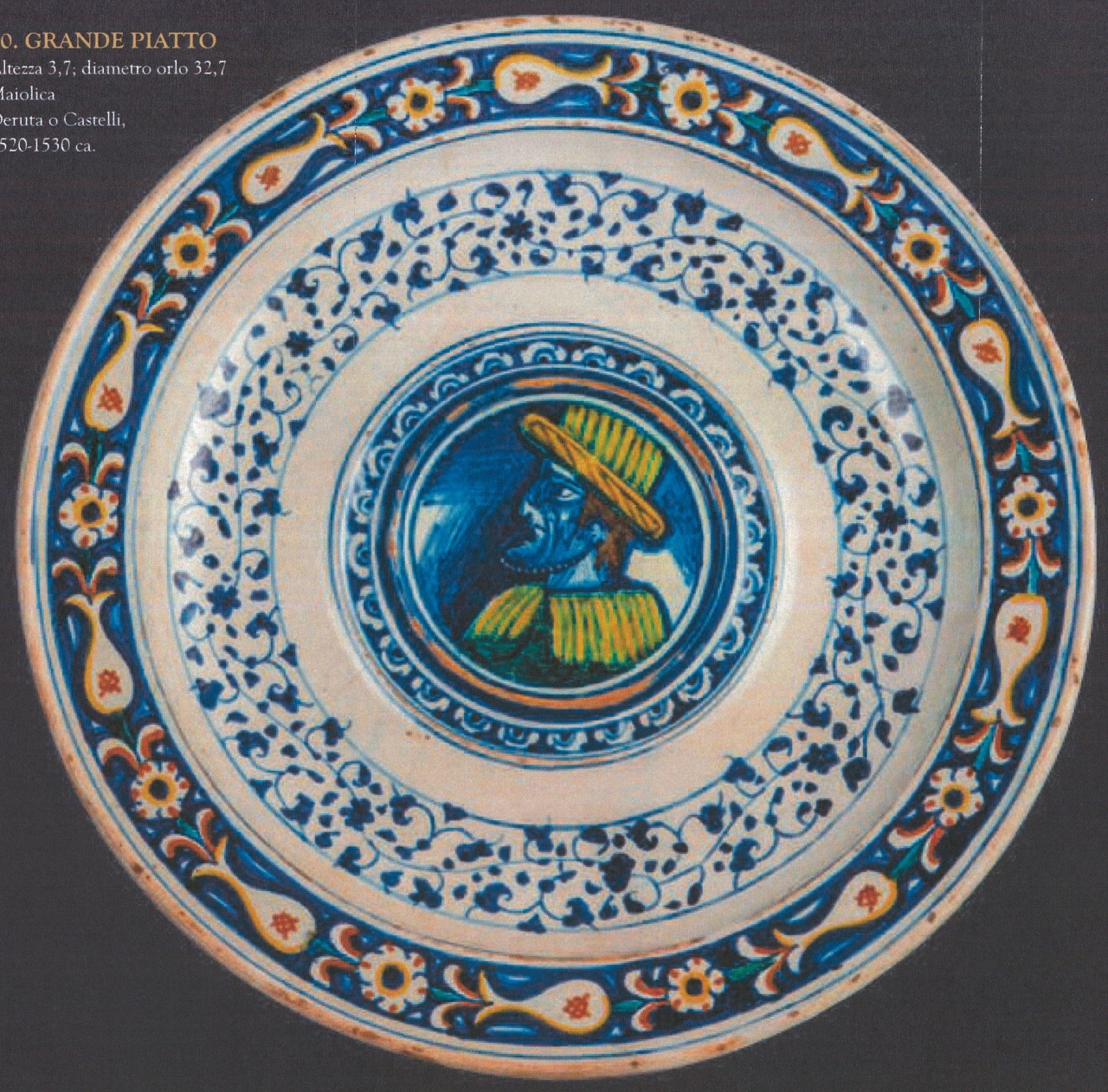 busto maschile con motivi decorativi geometrici e vegetali (piatto, opera isolata) - manifattura di Deruta (secondo quarto XVI)