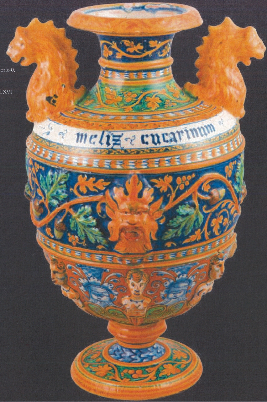 maschera di sileno, cariatidi e mascheroni canefori con motivi decorativi geometrici e vegetali (anfora, opera isolata) - ambito faentino (seconda metà XVI)