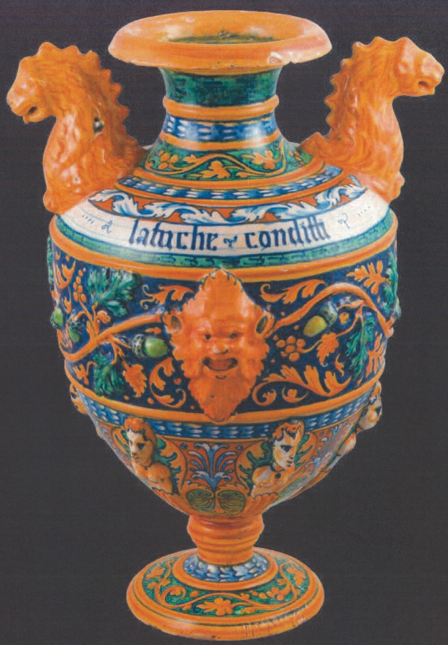 maschera di sileno e cariatidi con motivi decorativi geometrici e vegetali (anfora, opera isolata) - ambito faentino (seconda metà XVI)