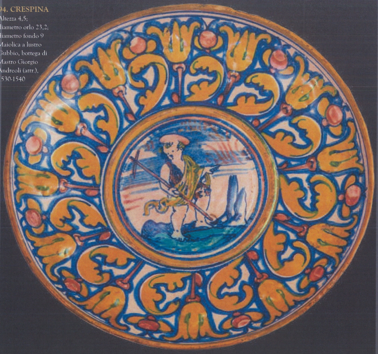 San Giovannino con paesaggio e motivi decorativi geometrici e vegetali (crespina, opera isolata) di Mastro Giorgio Andreoli (bottega) (prima metà XVI)