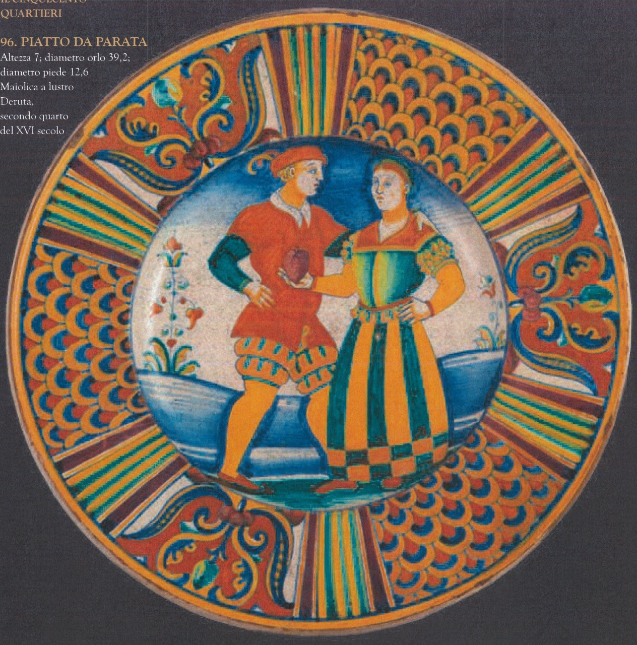 coppia su paesaggio fiorito con motivi decorativi geometrici e vegetali (piatto da parata, opera isolata) - manifattura di Deruta (secondo quarto XVI)