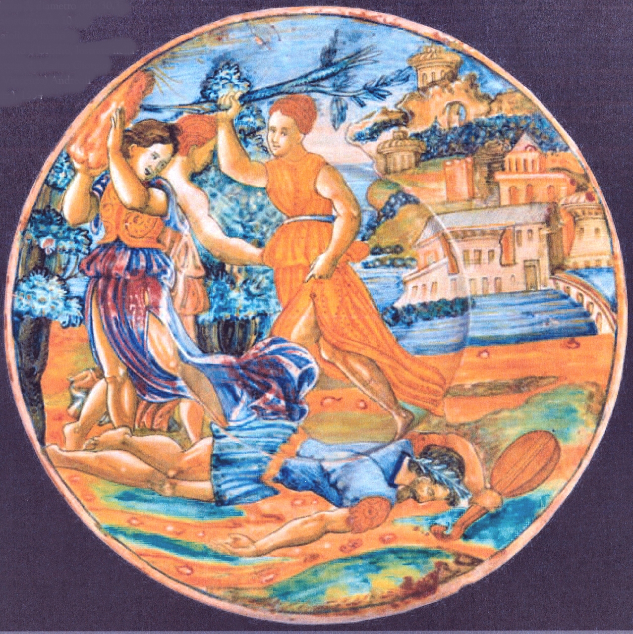 Orfeo ucciso dalle baccanti, motivi decorativi geometrici e vegetali (piatto, opera isolata) di Mastro Giorgio Andreoli (bottega) - manifattura eugubina (prima metà XVI)