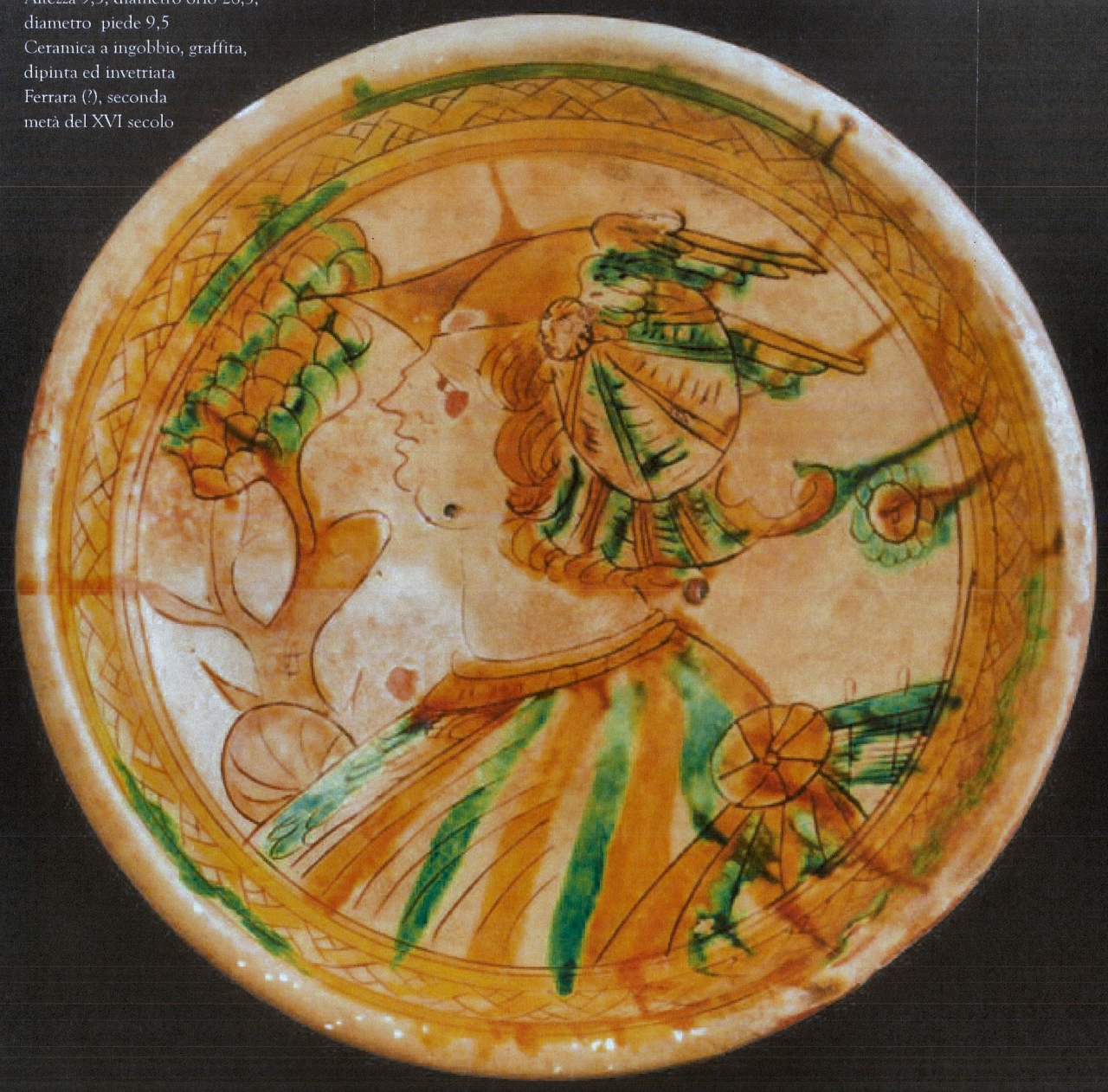 busto maschile con motivi decorativi geometrici e vegetali (catino, opera isolata) - ambito ferrarese (seconda metà XVI)