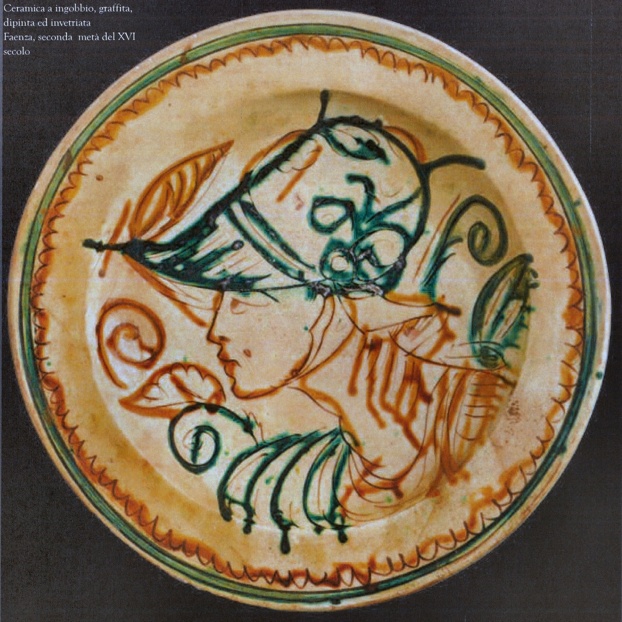 busto maschile con motivi decorativi geometrici e vegetali (catino, opera isolata) - ambito faentino (seconda metà XVI)