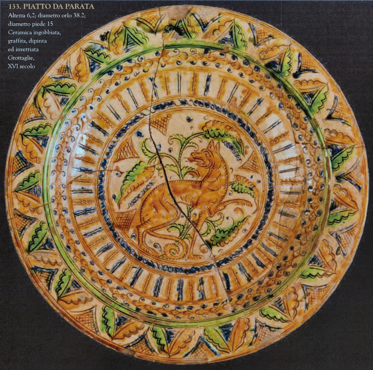 cane con motivi decorativi geometrici e vegetali (piatto da parata, opera isolata) - manifattura di Grottaglie (XVI)