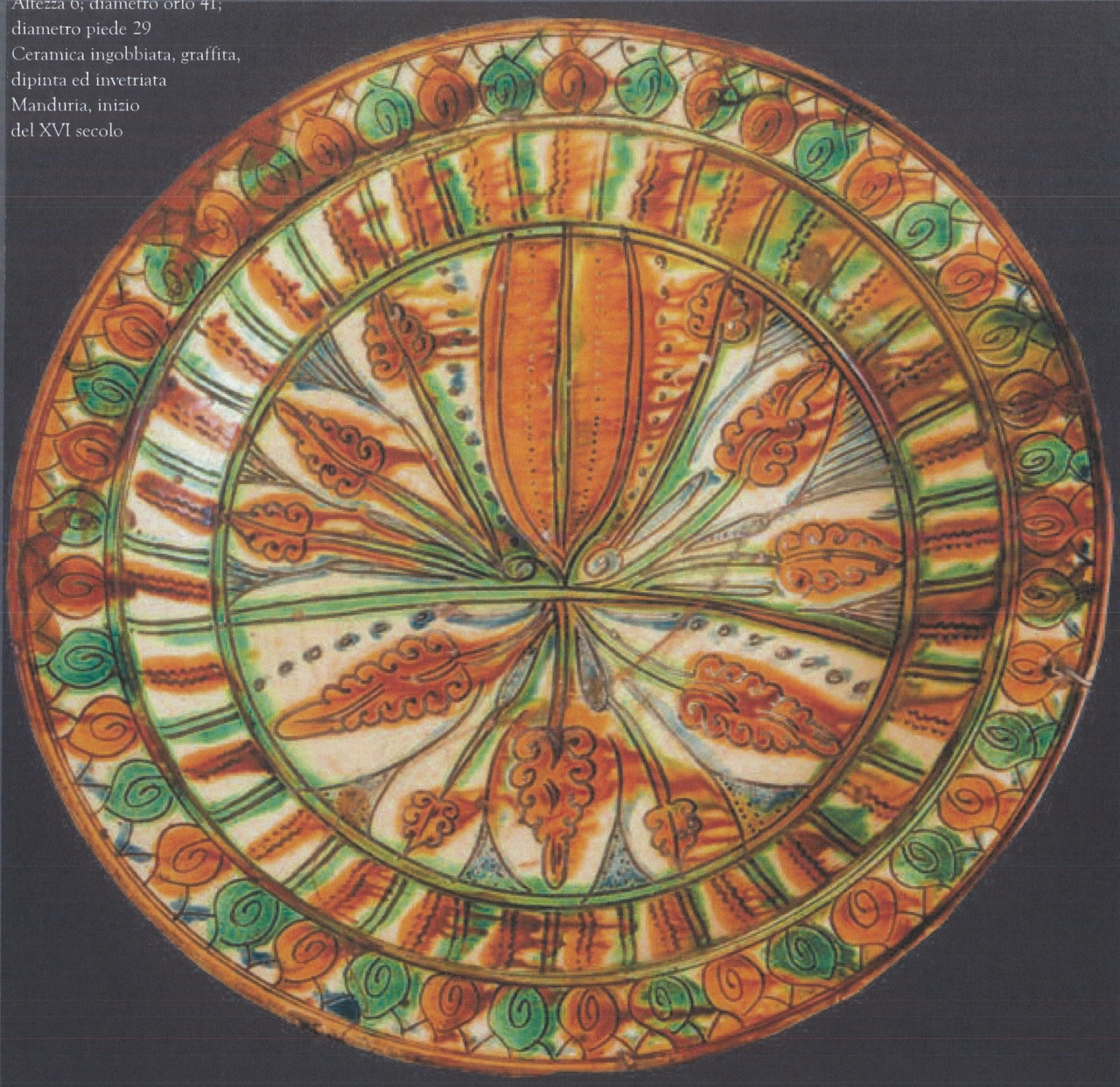 motivi decorativi geometrici e vegetali (piatto da parata, opera isolata) - bottega di Manduria (inizio XVI)