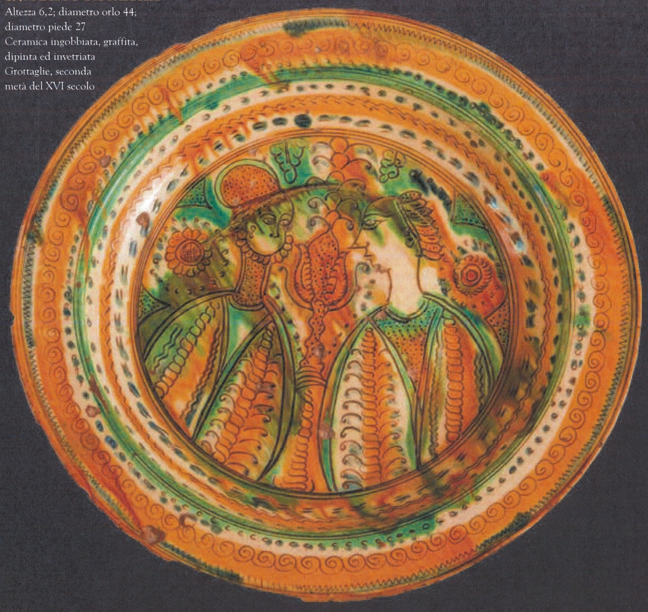 busto maschile e femminile con motivi decorativi geometrici e vegetali (piatto da parata, opera isolata) - manifattura di Grottaglie (seconda metà XVI)