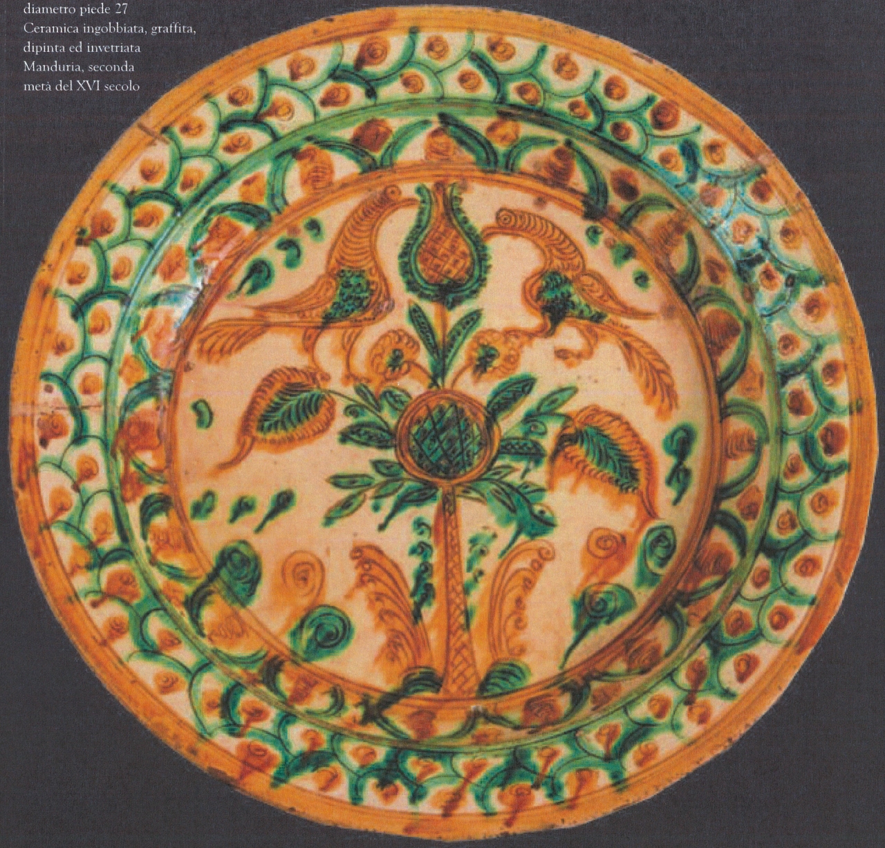 uccelli con pianta fiorita e motivi decorativi geometrici e vegetali (piatto da parata, opera isolata) - bottega di Manduria (seconda metà XVI)