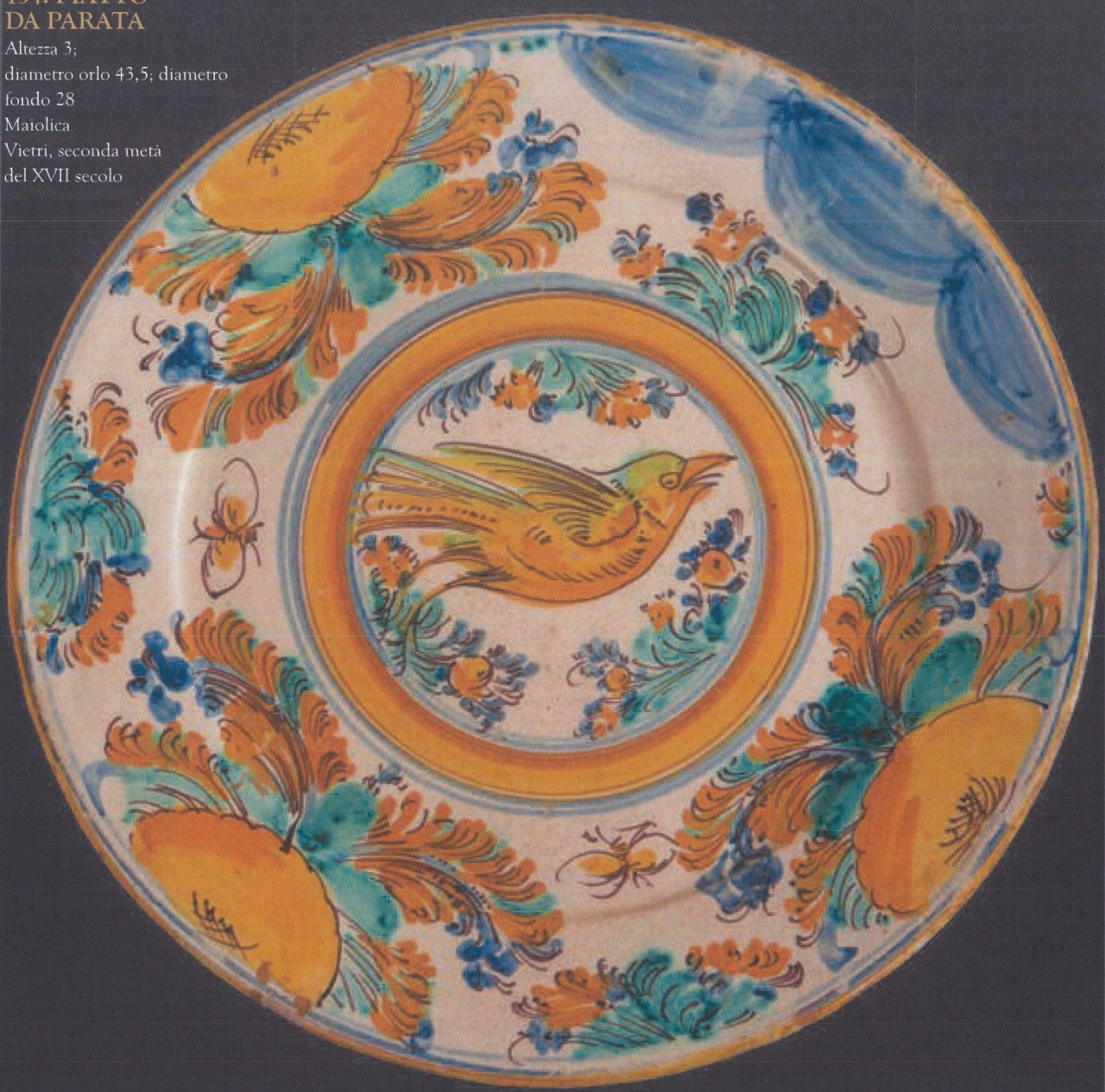 uccello con motivi decorativi vegetali (piatto da parata, opera isolata) - bottega di Vietri (seconda metà XVII)