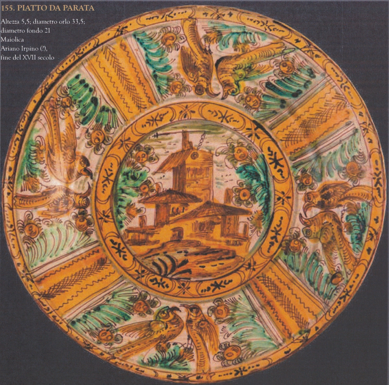 paesaggio e uccelli con motivi decorativi geometrici e vegetali (piatto da parata, opera isolata) - produzione di Ariano (fine XVII)