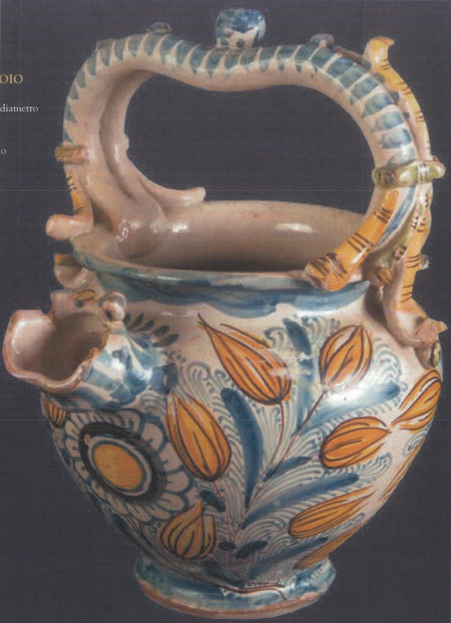 uccello e margherita con motivi decorativi geometrici e vegetali (brocca - con versatoio, opera isolata) - bottega di Vietri (XVII)