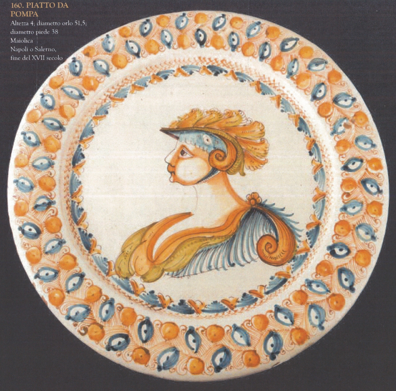 guerriero armato e motivi decorativi geometrici e vegetali (piatto da parata, opera isolata) - ambito napoletano (fine XVII)